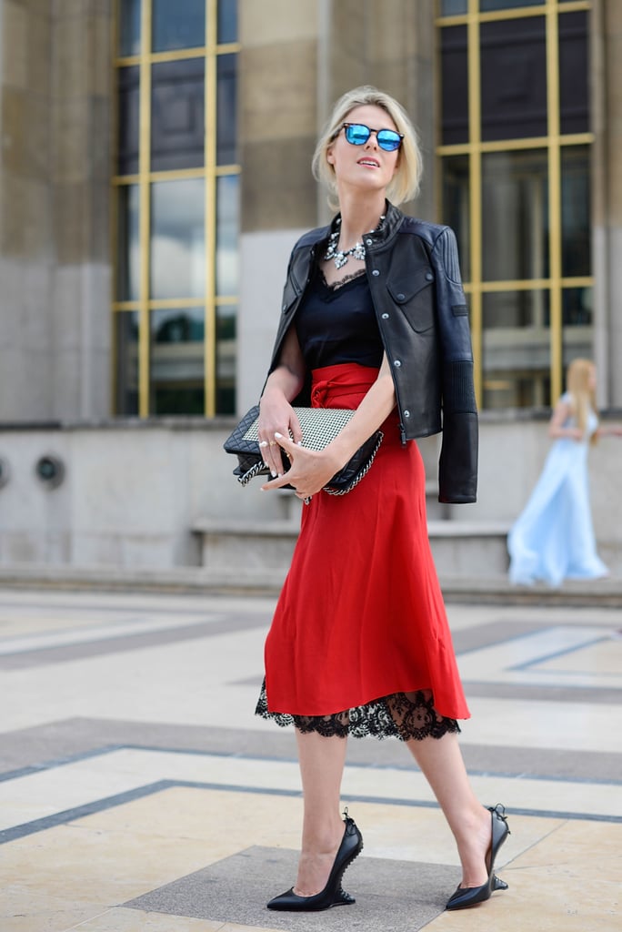 Adding a pop of lace under your favorite skirt adds just a touch of Parisian romance to any look. Toss a leather biker jacket over your shoulders and add a pair of superunique heels to create the perfect fashionista look.