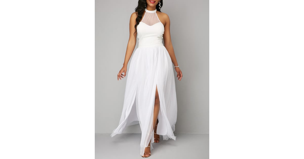 Halter mesh panel on sale double slit dress