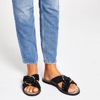 Black Wide Fit Real Leather Strap Mule Sandals