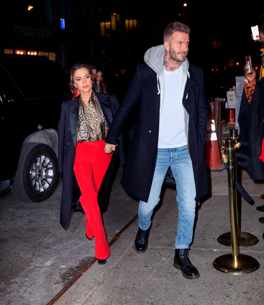 Victoria Beckham Red Pants and Snakeskin Blouse January 2019