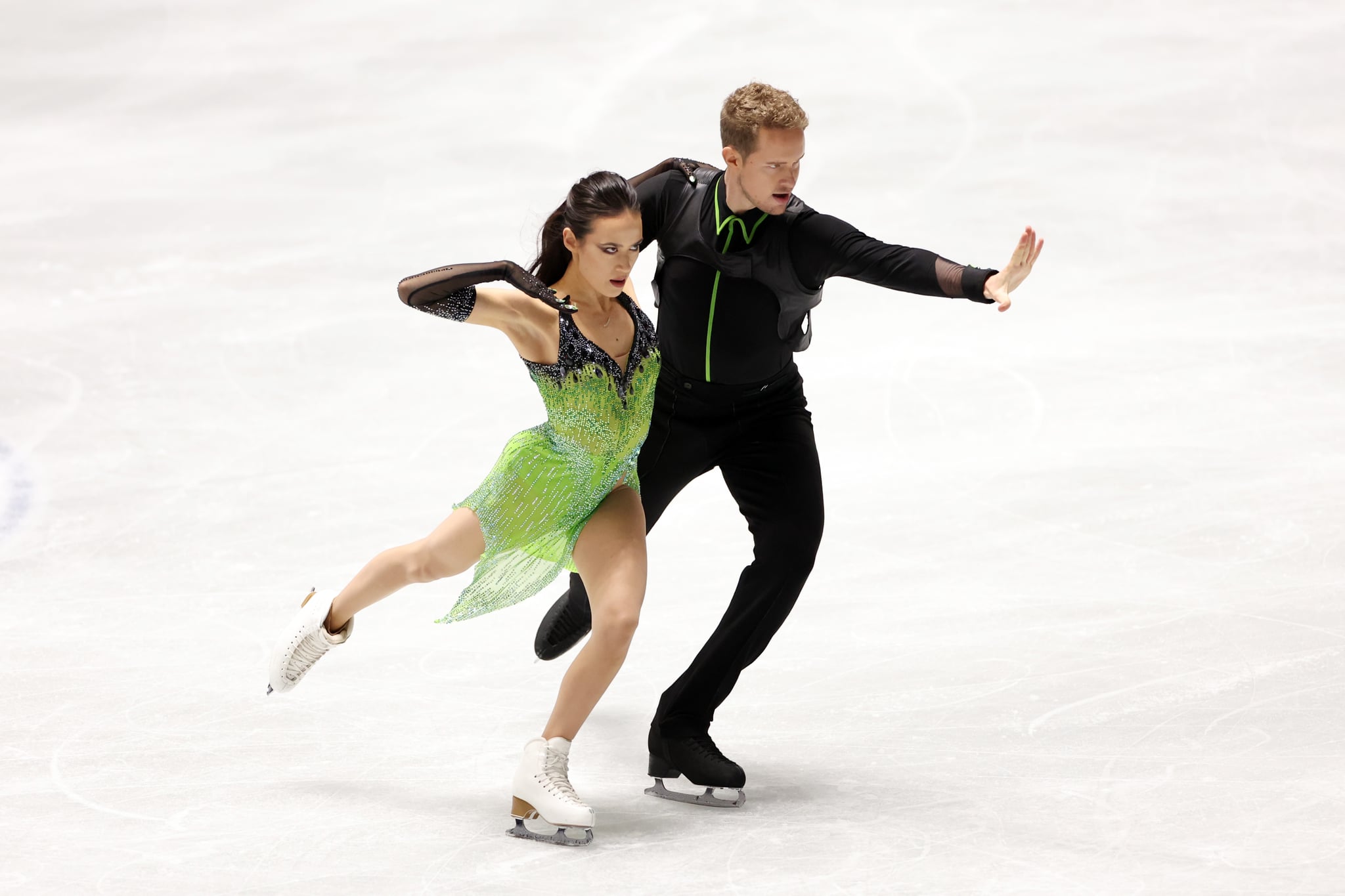 Madison Chock and Evan Bates of the United States compete in the Ice Dance Rhythm Dance during the ISU Grand Prix of Figure Skating - NHK Trophy at Yoyogi National Gymnasium on November 12, 2021 in Tokyo, Japan.