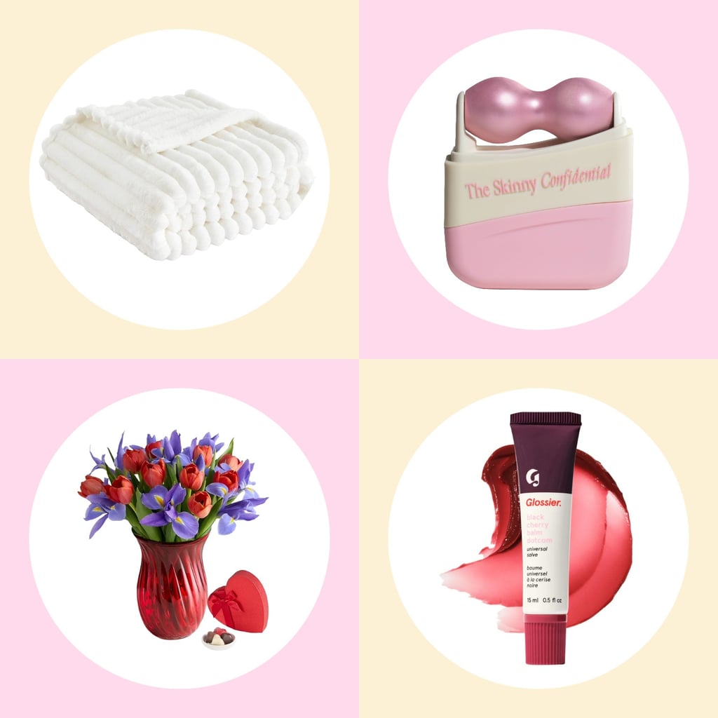 A split graphic shows Glossier's Black Cherry Balm Dotcom lip balm with a cherry-colored smear behind it on the left, and a small burgundy handbag with a sculptural gold handle on the right, presented as a beauty-and-fashion pairing.