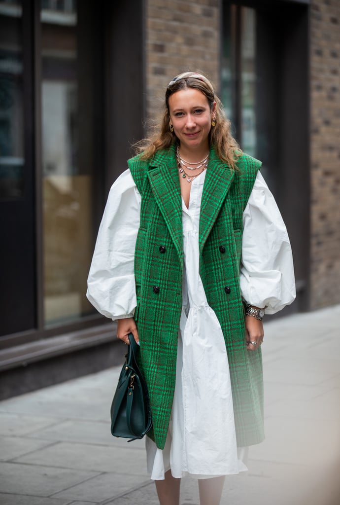 This bright green vest helps to transition a pretty LWD for fall.