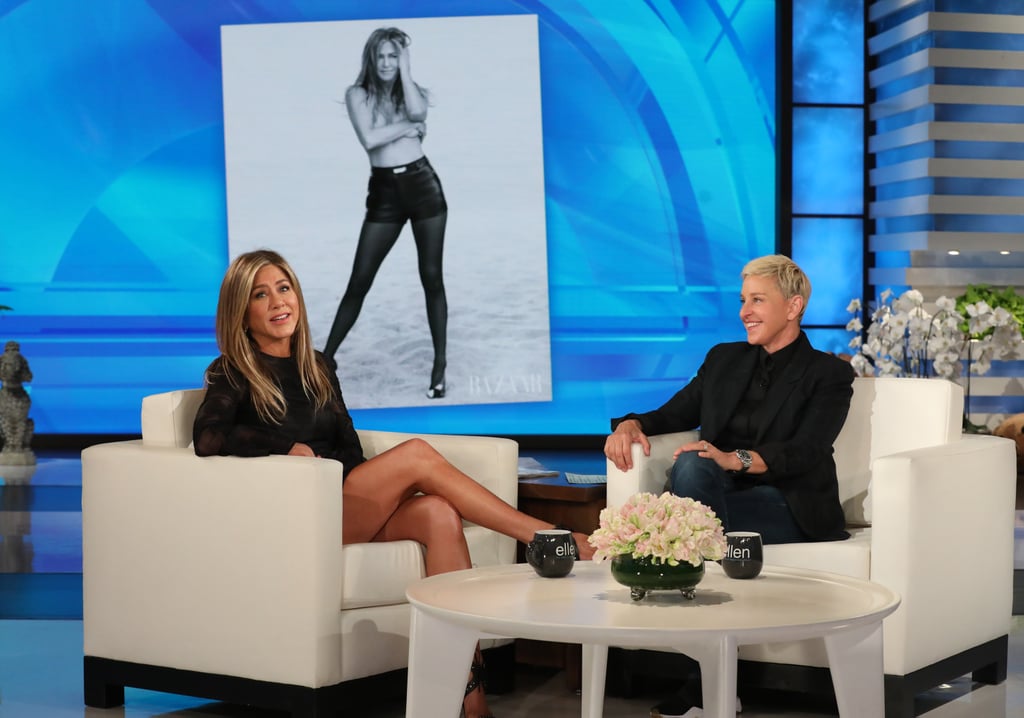 Jennifer Aniston Black Dress and Studded Sandals on Ellen