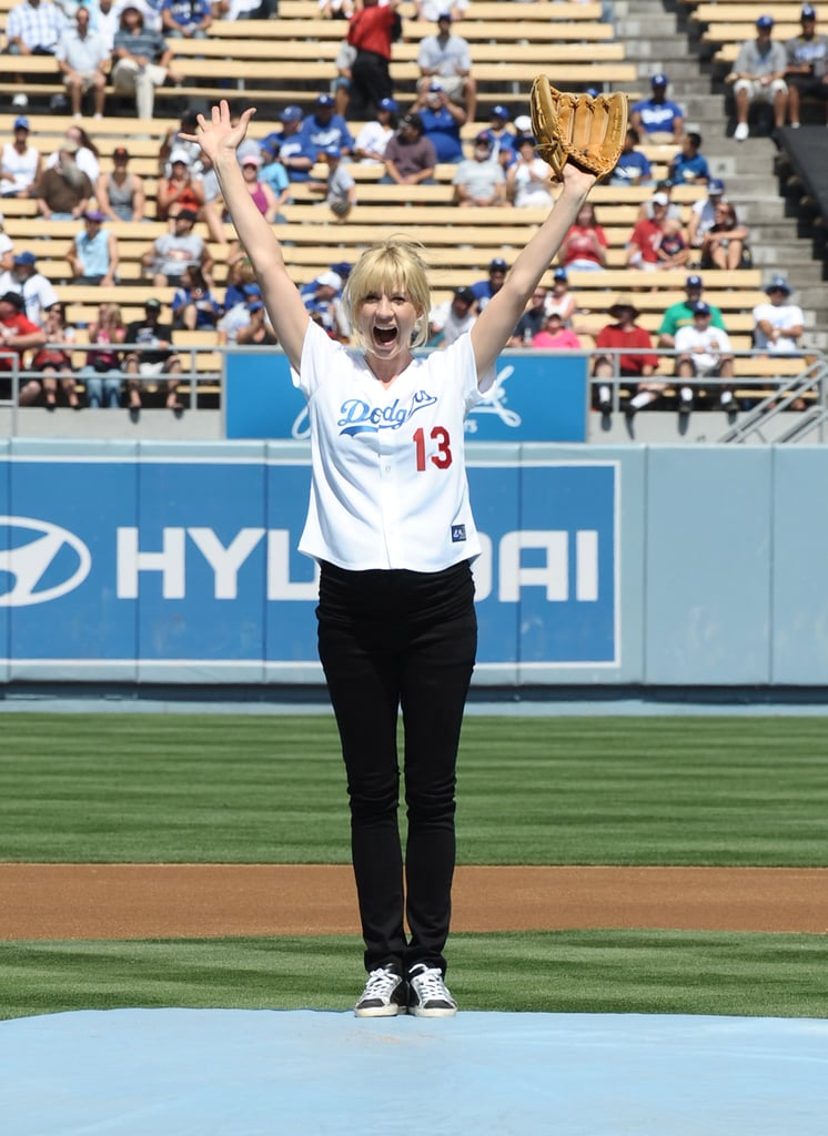 Jenna Elfman was pleased with her pitch at the LA Dodgers game in September 2009.