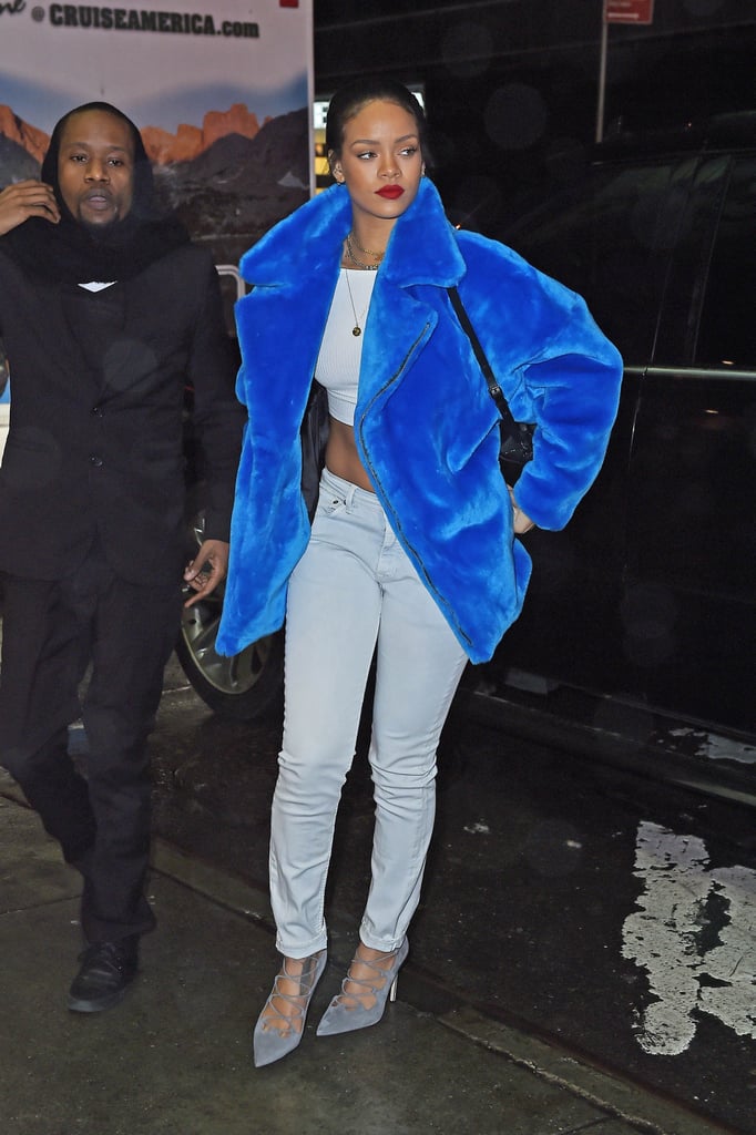 While in New York in 2014, Rihanna wore a Cookie Monster blue fuzzy coat.
