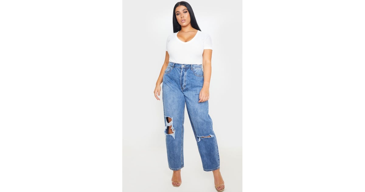 prettylittlething mid blue knee rip boyfriend jean