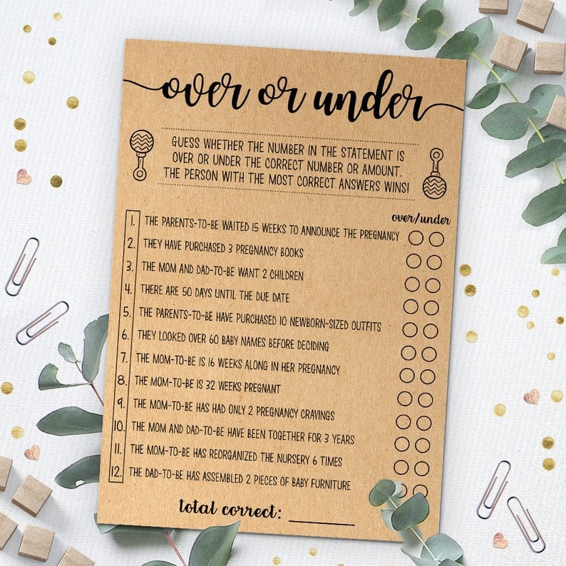 Over Or Under Printable Baby Shower Game 50 Easy To Print Baby