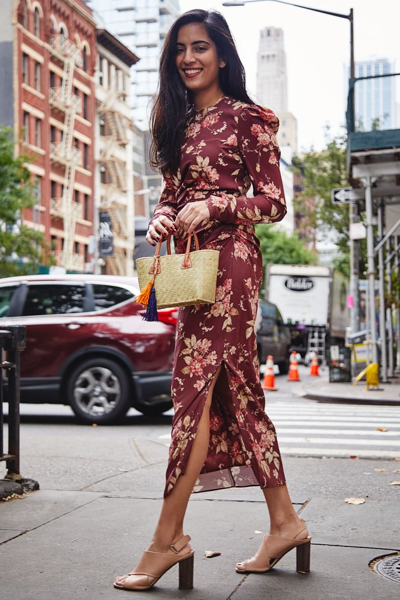 Style a Long-Sleeved Floral Dress With Block Heels