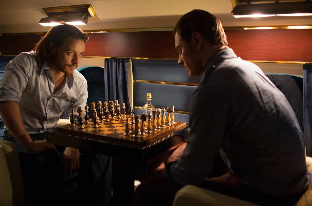 Professor Charles Xavier (Patrick Stewart) and Erik Lehnsherr, aka Magneto (Michael Fassbender), engage in a friendly game of chess.