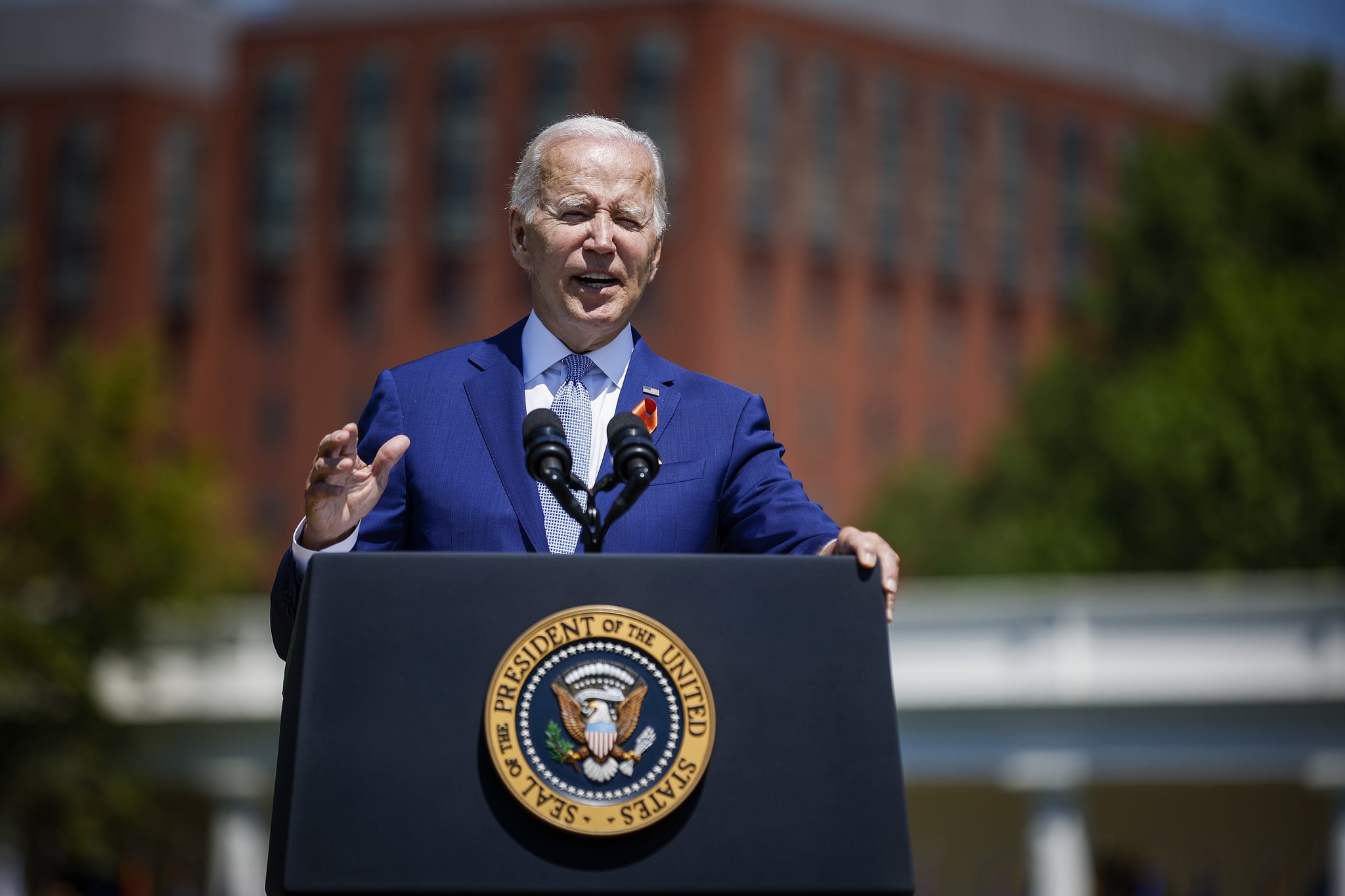 WASHINGTON, DC - JULY 11: US President Joe Biden delivers remarks at an event celebrating the bipartisan Safer Communities Act on the South Lawn of the White House on July 11, 2022 in Washington, DC.  Calling for a new law 