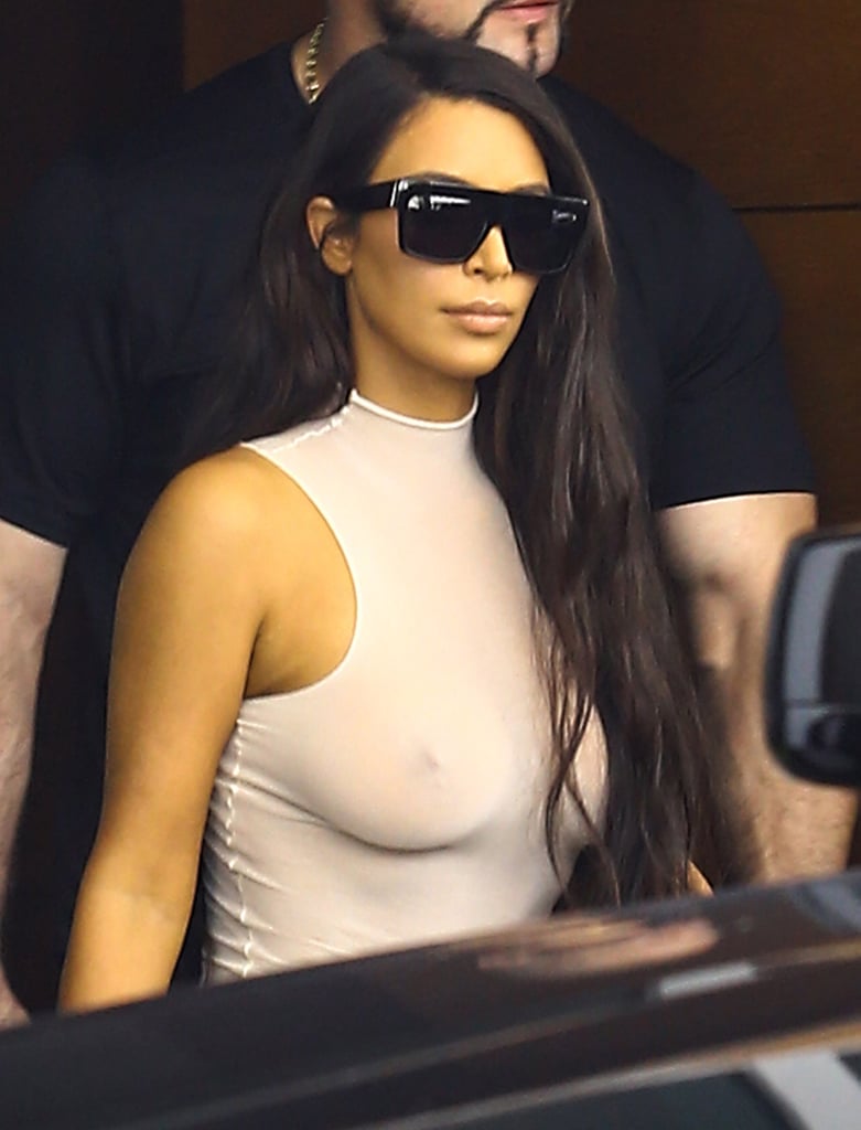 Hours after turning heads at Kanye West's Miami concert, Kim Kardashian outdid herself by stepping out in yet another completely see-through top. On Saturday, the reality TV star was spotted heading to a music studio wearing denim biker shorts, a nude top, and sunglasses. Kim is currently in Miami for Kanye's Saint Pablo tour, along with the rest of her family, and has been sporting a handful of nipple-baring looks all month long. While Kim previously stated she isn't a "free-the-nipple type of girl," her recent street style looks prove otherwise.

    Related:

            
                            
                    All the Times You Just Couldn&apos;t Look Away From Kim Kardashian&apos;s Cleavage
                
                            
                    9 Times Kim Kardashian Has Gotten Naked For the Public
                
                            
                    Dangerous Curves Ahead: 70 of Kim Kardashian&apos;s Hottest Swimsuit Photos