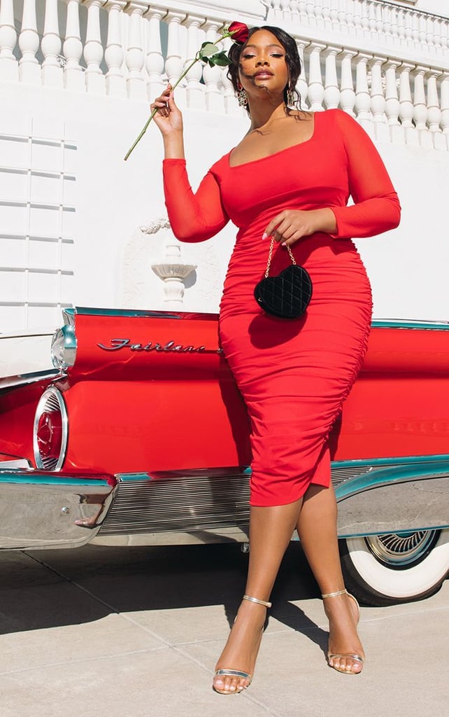 Pretty Little Thing Plus Red Mesh Ruched Midi Dress