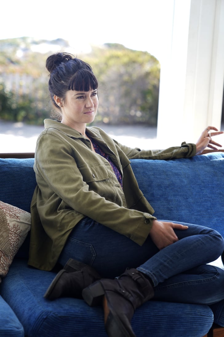 Shailene Woodley as Jane Chapman wearing a military jacket, jeans