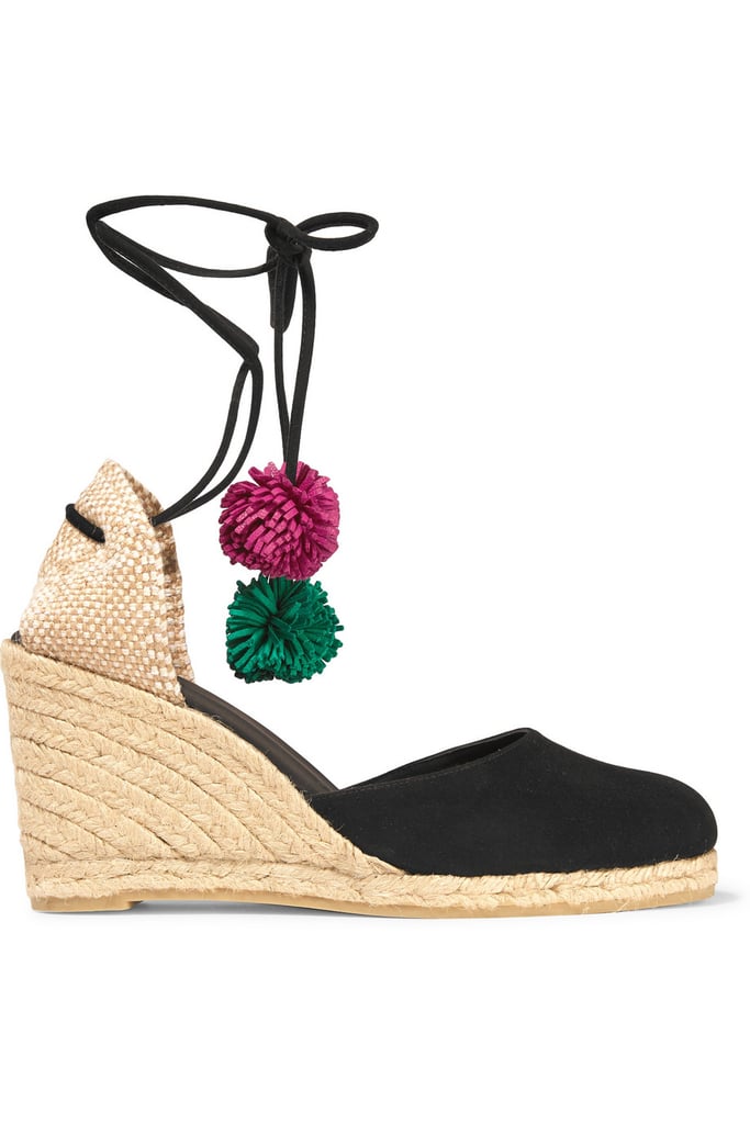 Castaner Carina Pompom-Embellished Suede Wedge Espadrilles — Black ($245)