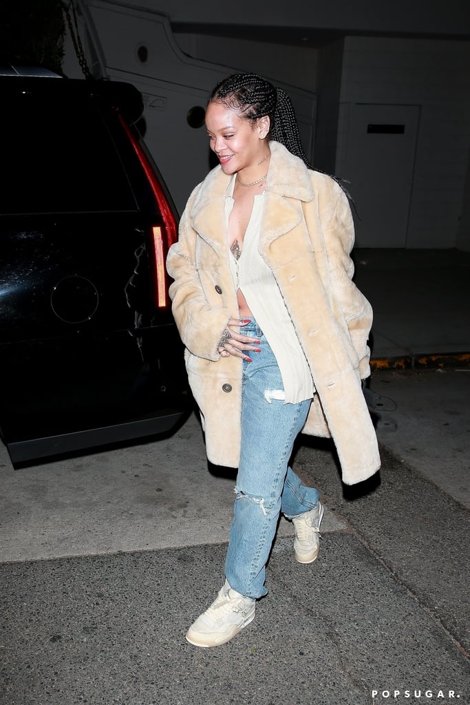 Rihanna Wearing a Teddy Coat With an Unbuttoned Cardigan