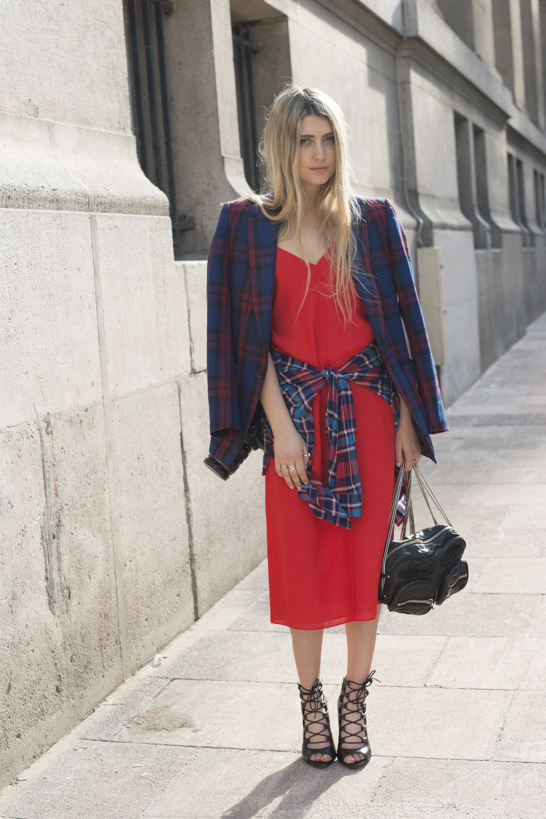 red dress with black blazer