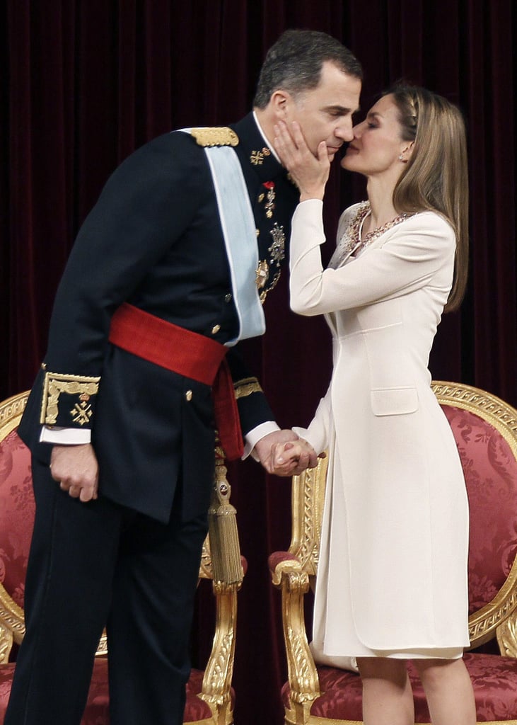 Letizia gave Felipe a kiss on the cheek during his coronation ceremony in June 2014 in Madrid.