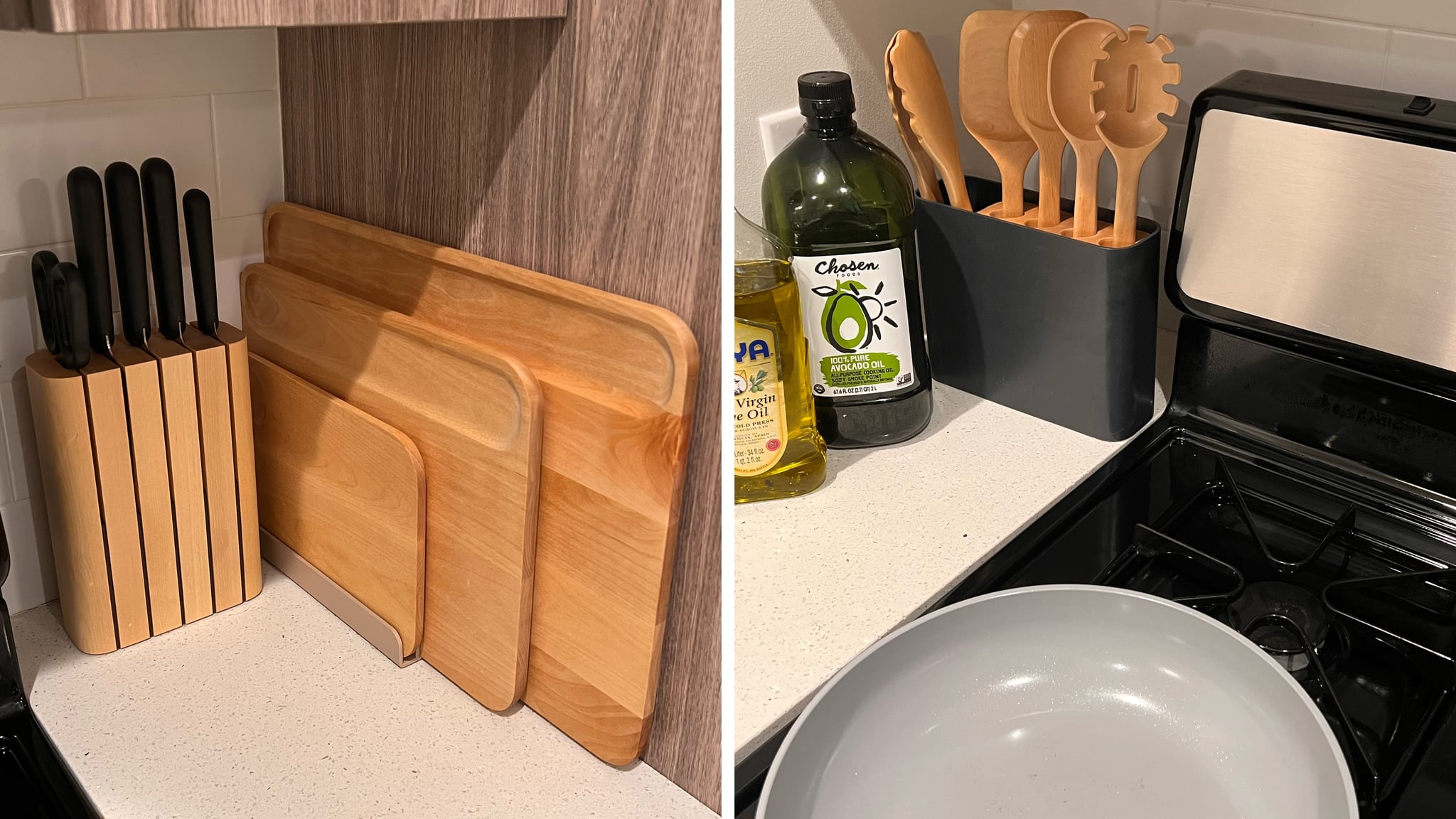 Caraway's Prepware, including The Cutting Baord Set and The Prep Set in charcoal.