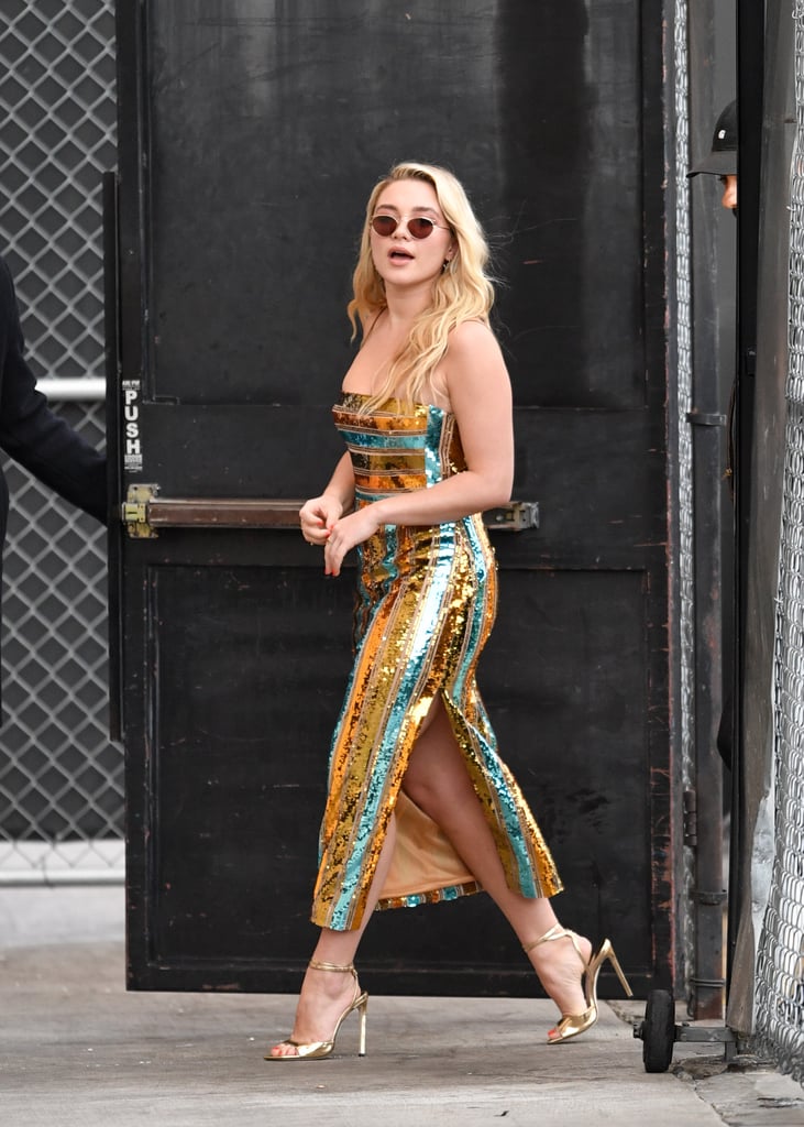 Florence Pugh's Striped Sequin Dress on Jimmy Kimmel Live