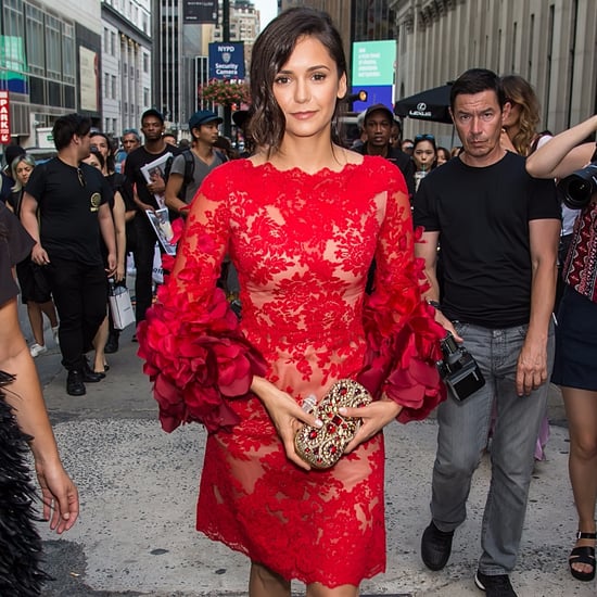 Nina Dobrev's Red Marchesa Dress at Fashion Week