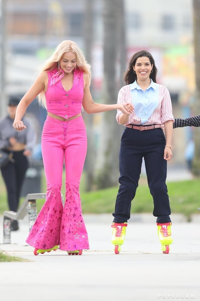 Margot Robbie and America Ferrera on Set of "Barbie"