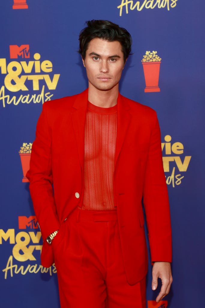 Chase Stokes Wears Red Suit With Sheer Top at the MTV Awards