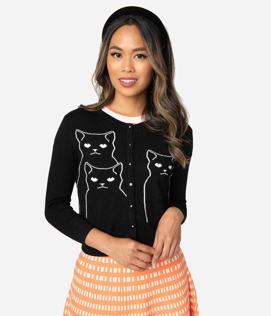 Black Knit Salem Grumpy Kitty Button Up Crop Cardigan