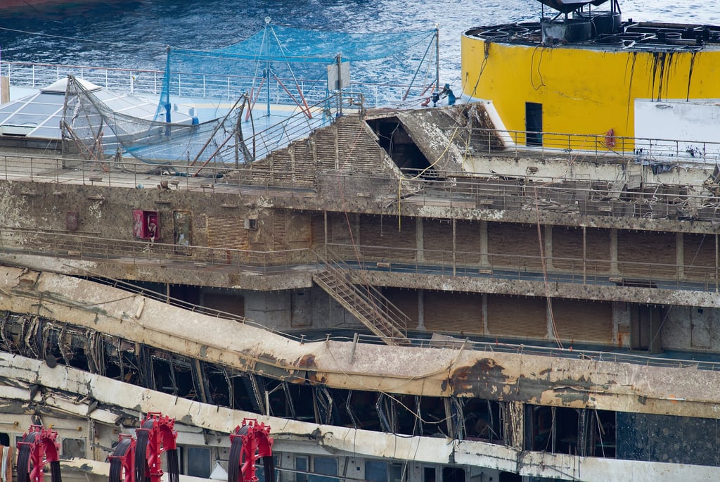 Severe damage could be seen along the ship after it was pulled upright.