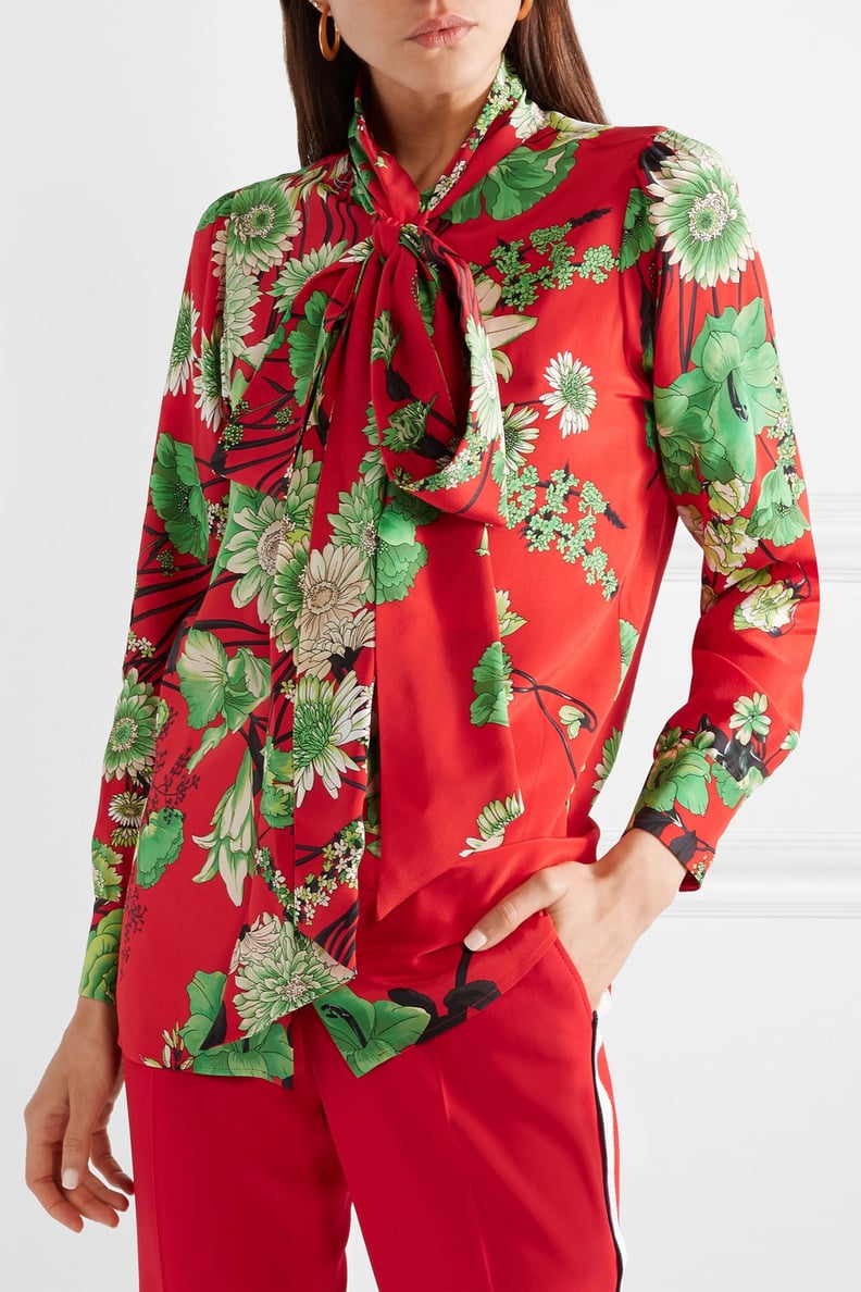 JLo's Exact Gucci Floral-Print Pussy Bow Silk-Satin Blouse