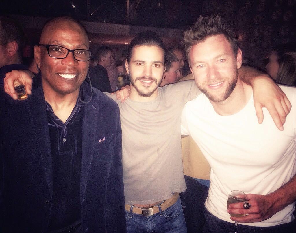 Handsome cast member Matthieu Charneau (center) snapped a picture with Barclay and castmate Lee Jones.