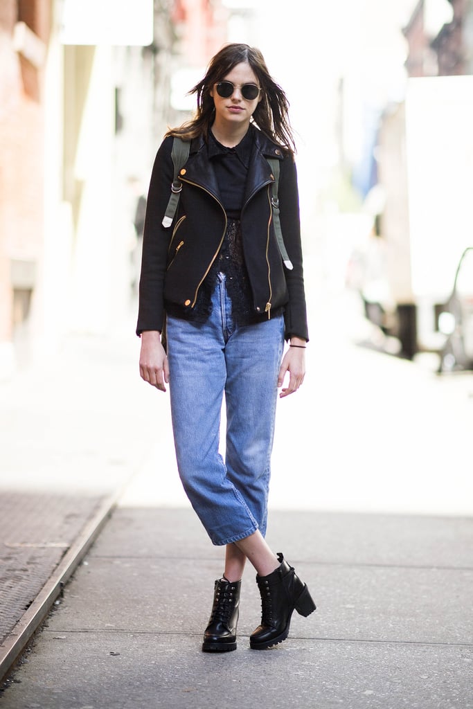 Boyfriend jeans got a slick complement from this leather jacket and a ...
