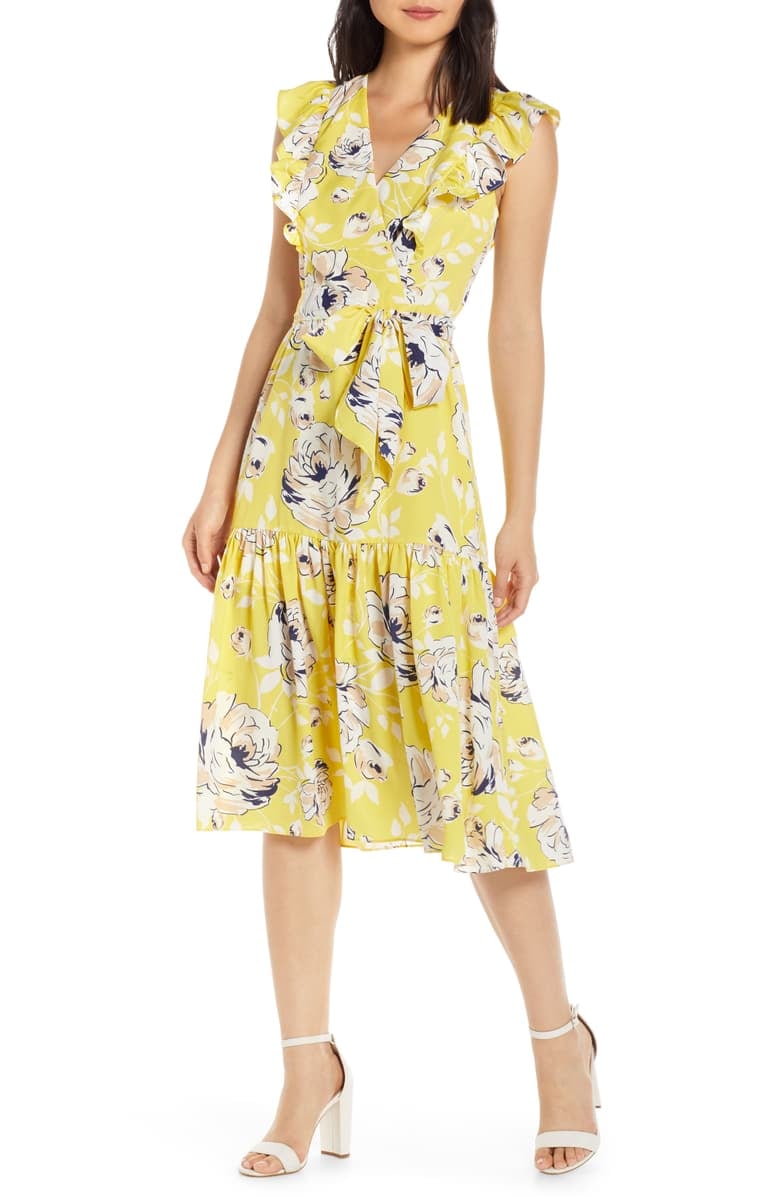 Eliza J Floral Ruffle Detail Crêpe de Chine Fit & Flare Dress