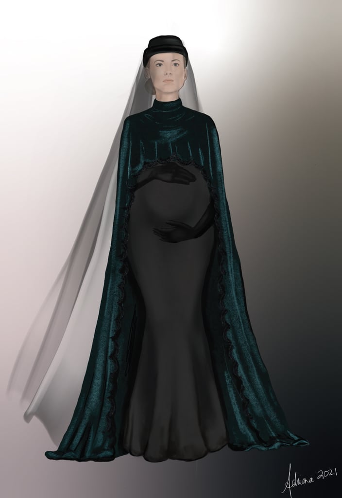 Kavanagh sketched her ideal Serena look in order to convince the rest of the team of her vision. While the rest of the wives are in teal cloaks behind her with accompanying silk chiffon veils, Serena's look was made to intentionally highlight her burgeoning belly. "Having Serena in the black wool cashmere dress and black cathedral-length veil, then adding the velvet teal cloak, was the perfect melding of wife and widow," she says.