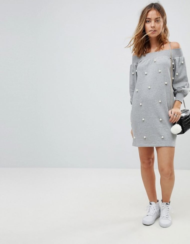 ASOS Off Shoulder Mini Sweat Dress With Pearl