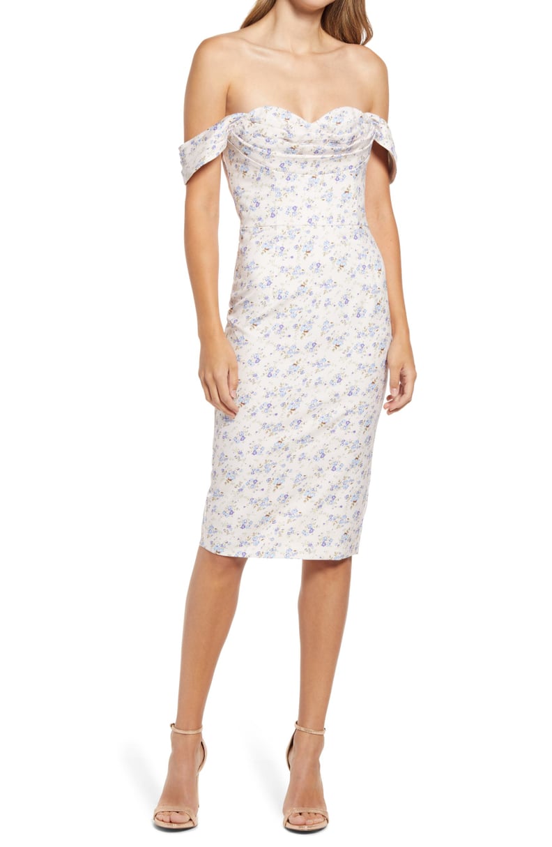 For a Fitted Style: Lavish Alice Bardot Floral Cowl Neck Off the Shoulder Cocktail Dress