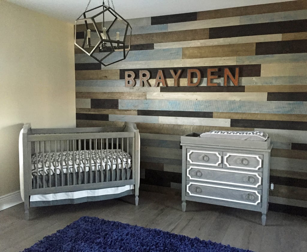 The el Moussas spelled out Brayden's name using RH Baby & Child Vintage Industrial Letters ($19 each). The letters rest atop a wood feature wall featuring pieces from Warren Christopher Fine Floor Coverings.