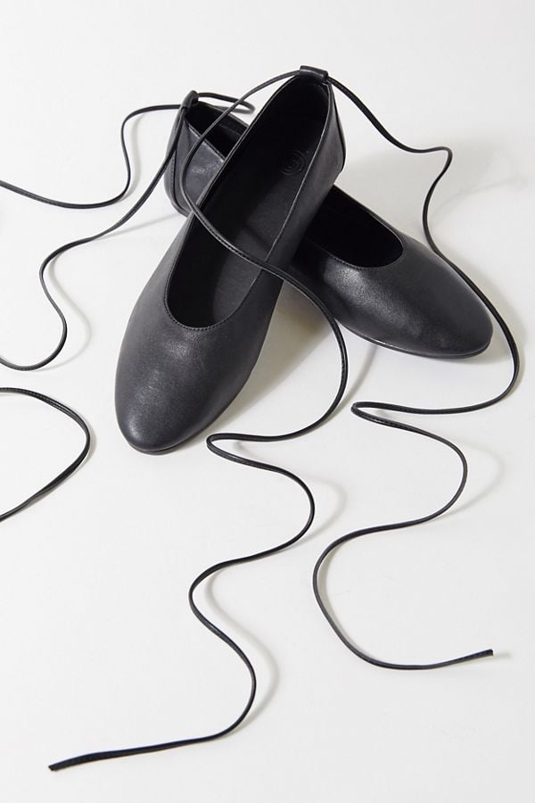 black ballet flats with ribbon ties