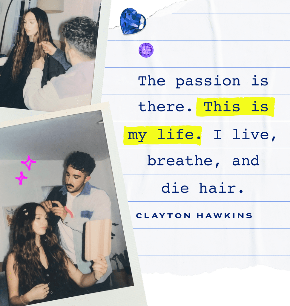 Despite being a self-proclaimed "small-town girl" — "my small town is just LA," he says — Hawkins now works with some of the biggest up-and-coming celebrities in the game, like Olivia Rodrigo, Dove Cameron, and Maddie Ziegler. 
He usually knows within five minutes of meeting if there's a connection. "Time is so precious — I'm going to give so much of myself that we have to mutually vibe," he says. "Dove, Olivia, Jenna, Melissa Barrera: many of my girls that I work with regularly, I met them on a random shoot a few years ago, and within the day, I was like, 'Oh yeah, this is my girl. We're friends.'"
Forming loyal, lasting relationships with his clients is important because Hawkins's first instinct is always to put work first. "I work 29 days out of the month, by choice," Hawkins says. "You build relationships with your girls, and you want to be there for them — you can't just leave them hanging." 
Saying "yes" to all opportunities has travelled him all around the world, including to the White House alongside Rodrigo. "It was such a moment in time," he says. "Trying to get people to take vaccines in this moment in history where you have the biggest pop star of that year going to the White House to meet the president — that is a moment of history."
Regardless of what's going on in Hawkins's life, his main focus always goes back to one thing. "I'm thinking about the hair I'm going to do tomorrow, the hair I'm going to do on Sunday, the hair I did yesterday," he says. "The passion is there. This is my life. I live, breathe, and die hair."