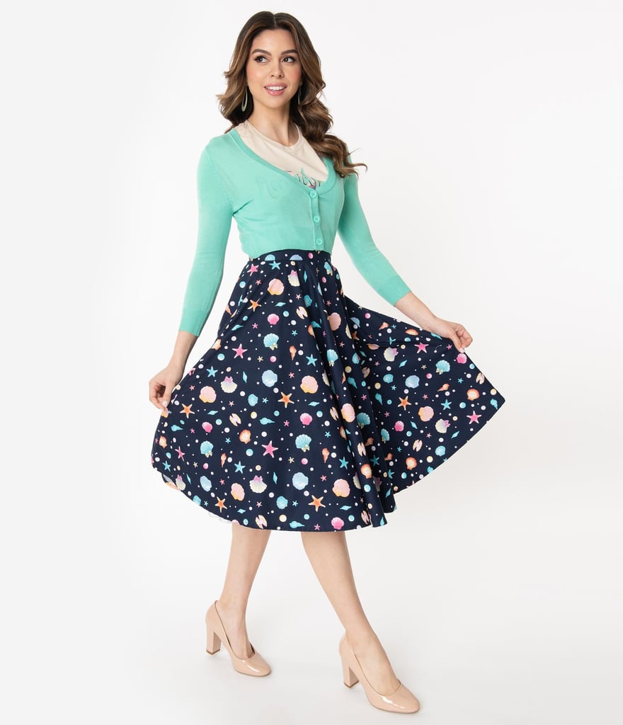 1950s Style Navy and Multi Seashell Print Swing Skirt