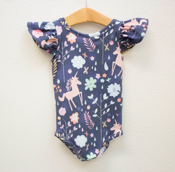Unicorn-Print Ruffle-Sleeve Onesie