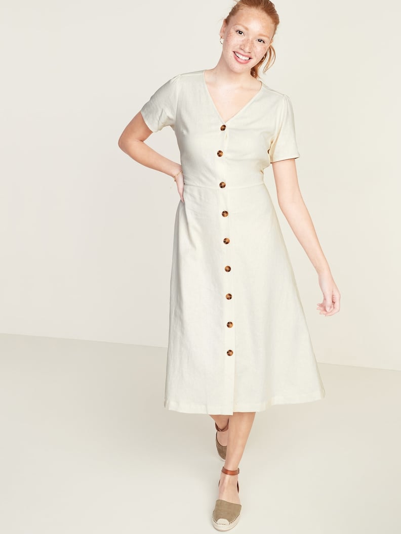 Fit & Flare Button-Front Linen-Blend Midi Dress