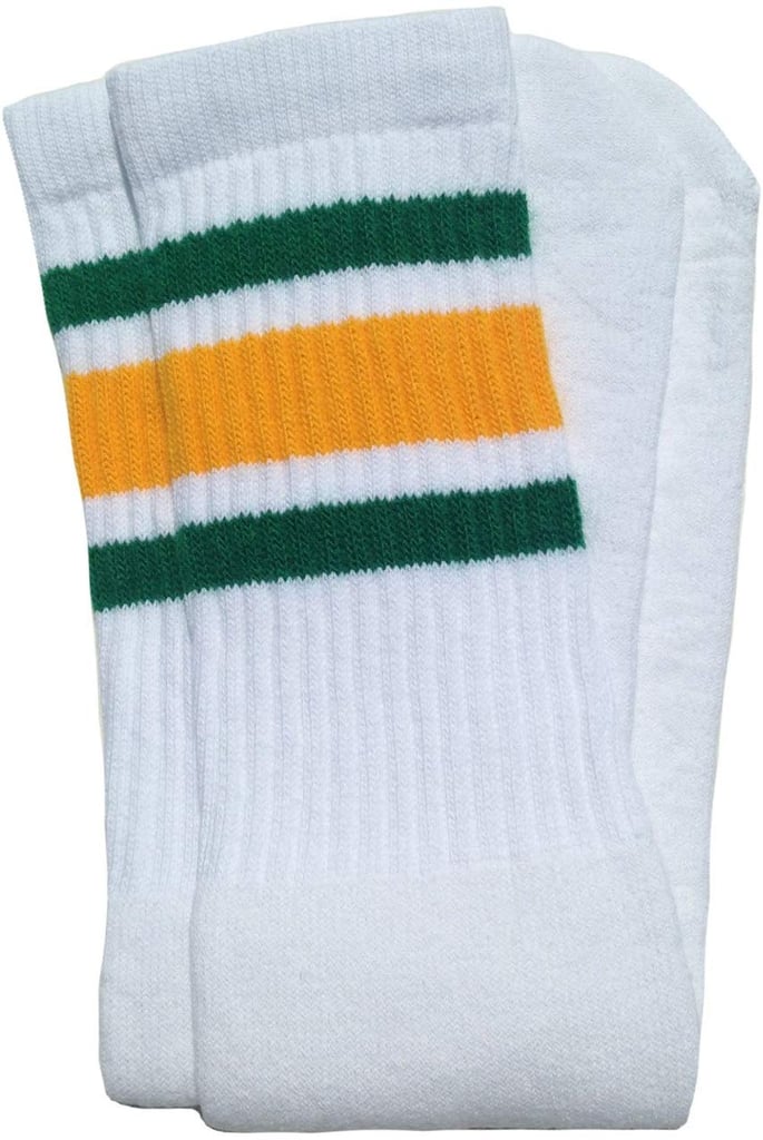 Mid Calf White Tube Socks With Green-Gold Stripes