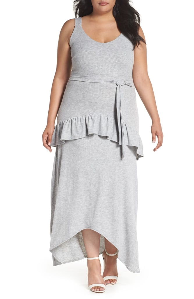 Lost Ink Tie Waist Ruffle Rib Jersey High/Low Dress