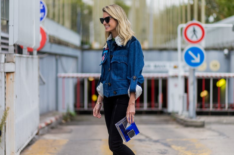 With a denim jacket and metallic clutch to keep things casual cool.