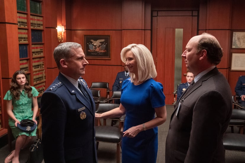 SPACE FORCE, from left: Diana Silvers, Steve Carell, Lisa Kudrow, Dan Bakkedahl, (Season 1, ep. 101, aired May 29, 2020). photo: Aaron Epstein / Netflix / Courtesy Everett Collection