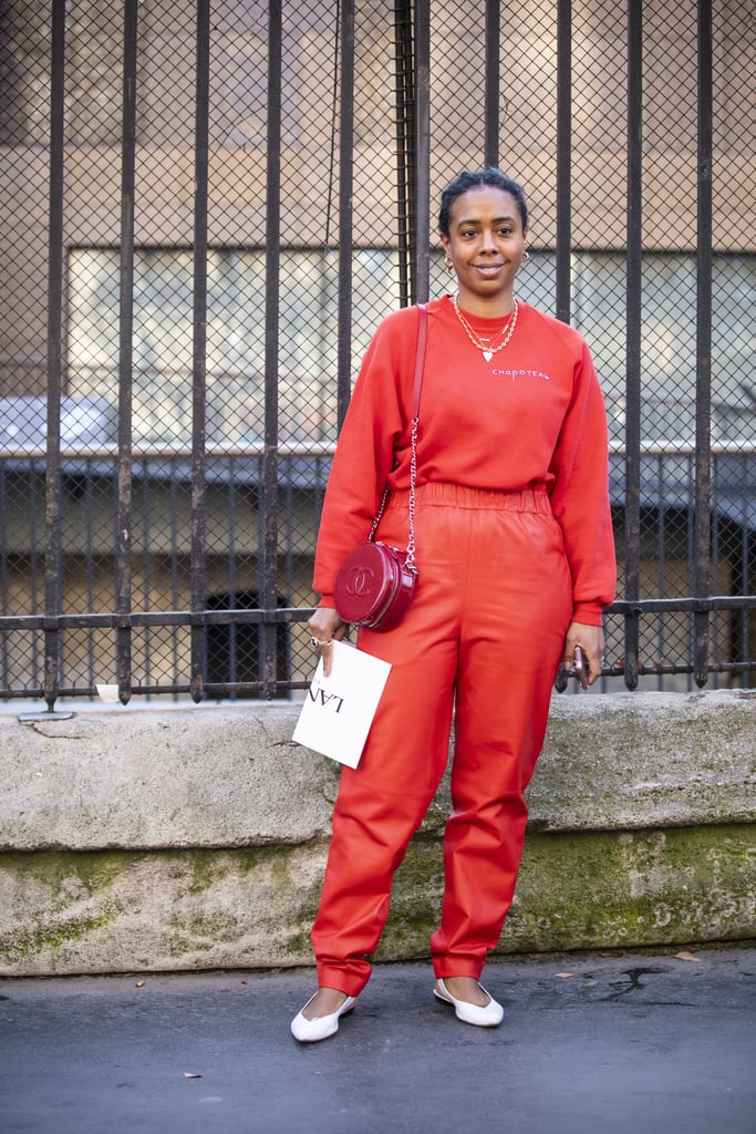 Go sporty with a longsleeve T-shirt and jogger-style pants, but take it to the next level in a head-to-toe colour with bright white flats to finish off your look.