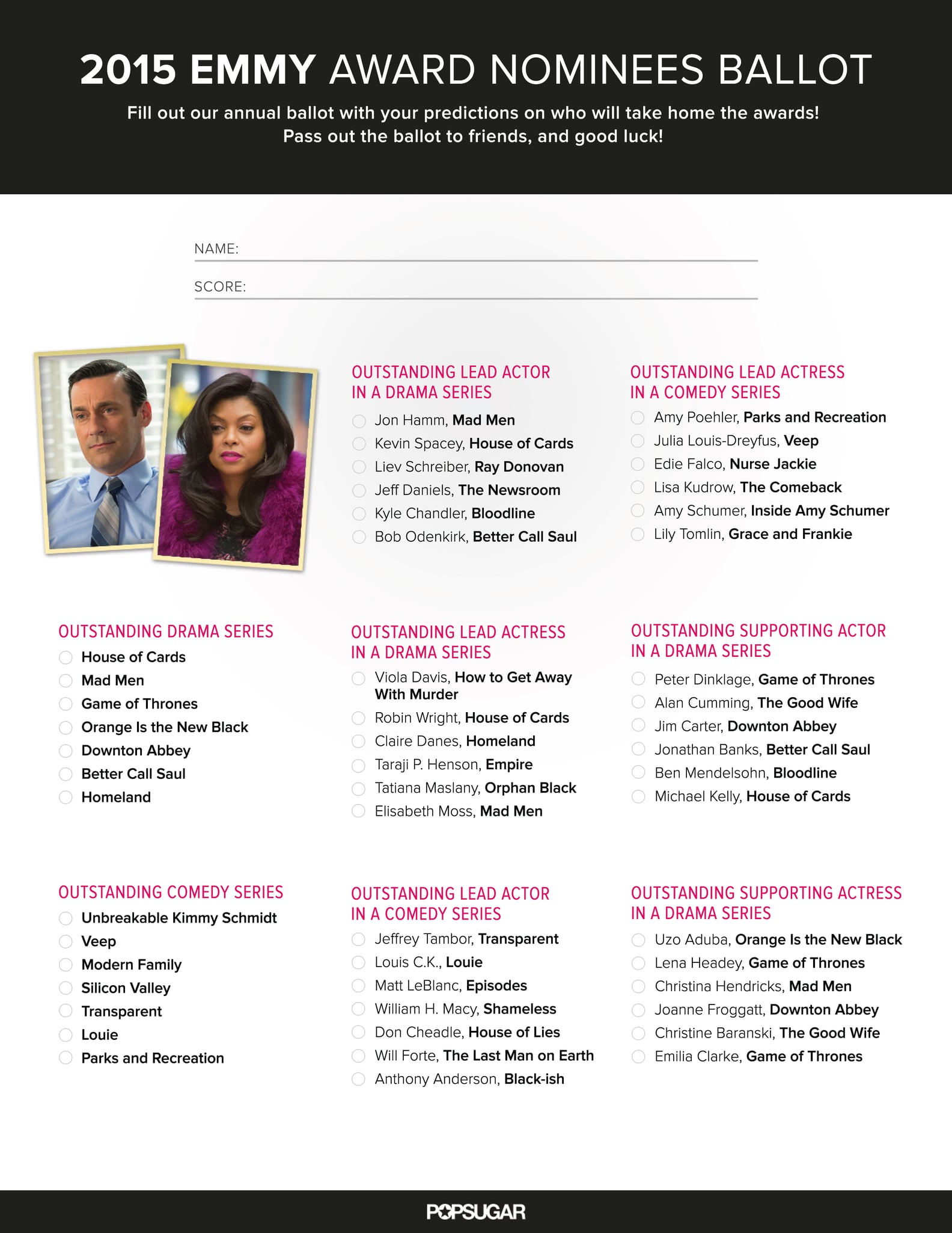 Printable Emmys Ballot 2015 POPSUGAR Entertainment