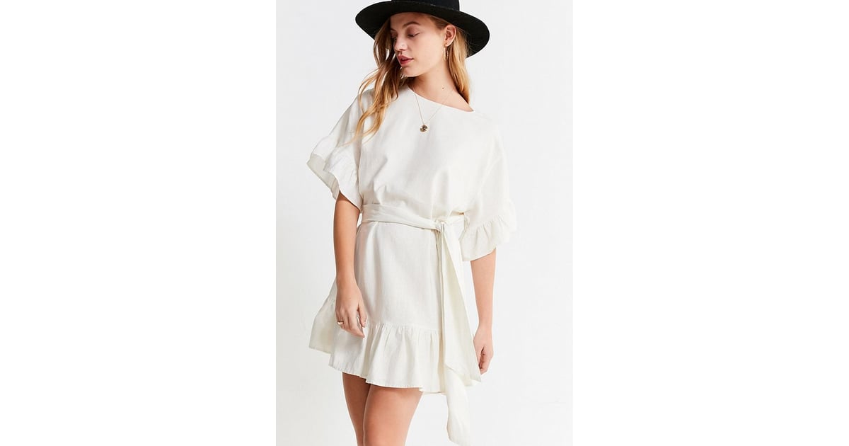 white linen ruffle dress