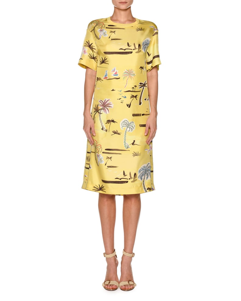 Agnona Crewneck Short-Sleeve Palm-Tree Print Knit Dress